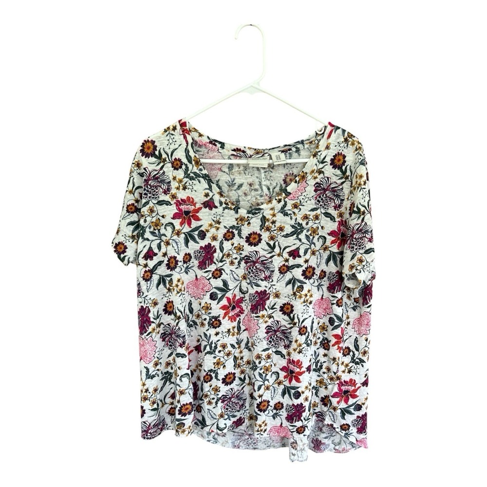 Rachel Zoe Linen Top Women's Sz 1X Floral V Neck Short Sleeve Shirt Earthy
